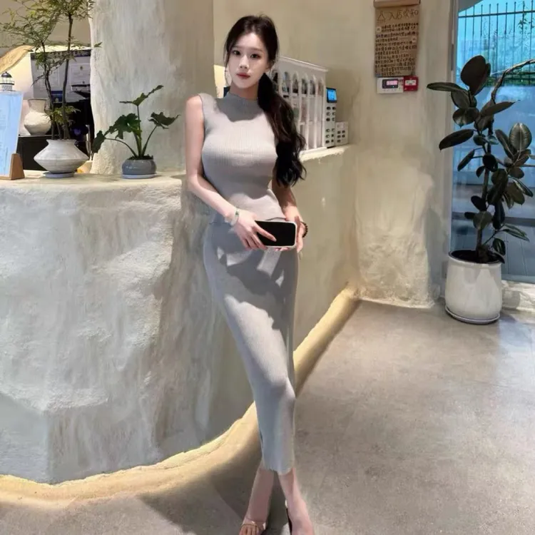 优雅气质套装女纯欲高弹针织背心立领修身无袖上衣半裙长裙两件套