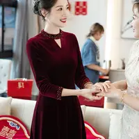 9237-喜婆婆婚宴装2025新款春秋丝绒长裙喜妈妈婚宴礼服高端轻奢