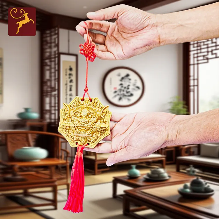 狮咬剑金色狮子头挂件八卦虎头兽睚眦家居摆件八角挂牌中国结挂饰