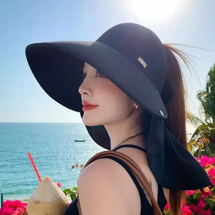 新款夏季帽子女防晒遮阳帽大帽檐防紫外线空顶太阳帽护脖披肩帽