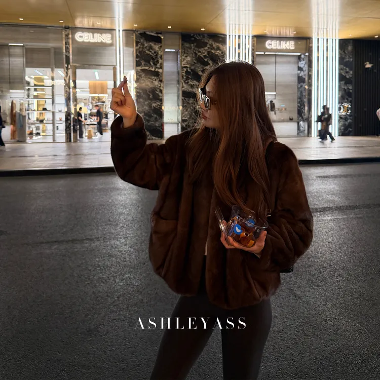 ASHLEYASS 中古紫金咖水貂丹麦天鹅绒短二水貂皮草外套LSE251504S