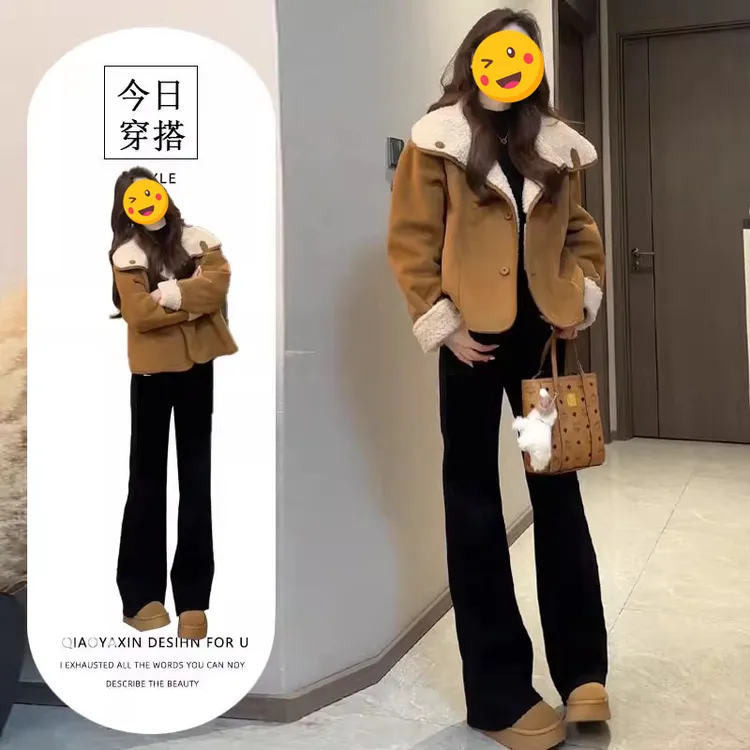 单件/复古港风2025冬季新款设计感别致焦糖色两面穿外套高腰裤子