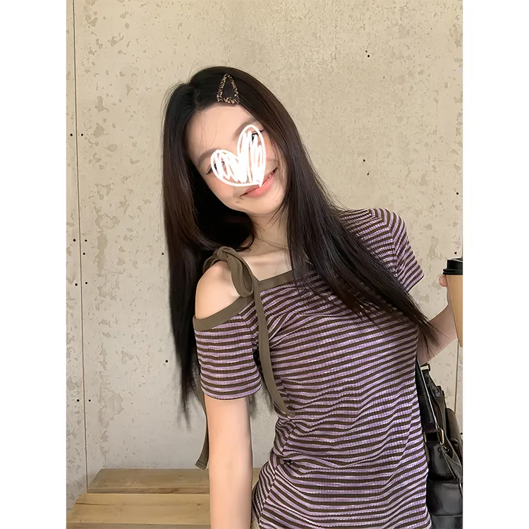 【江妈专属】紫色条纹斜肩短袖t恤女夏季修身绑带设计露肩撞色