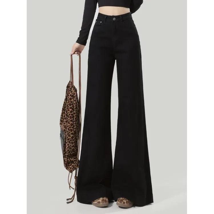 加绒黑色微喇牛仔裤长裤女秋冬款显瘦百搭梨型身材阔腿裤子AM6683