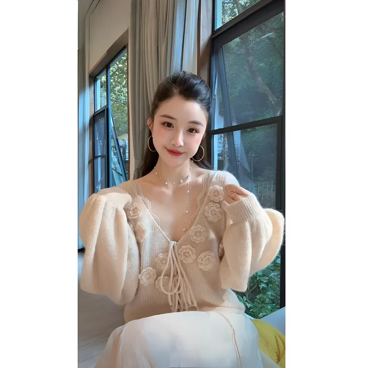 洋洋优选-【香蜜花海】秋冬新款手工花朵V领系带毛衣开衫女 YY72213
