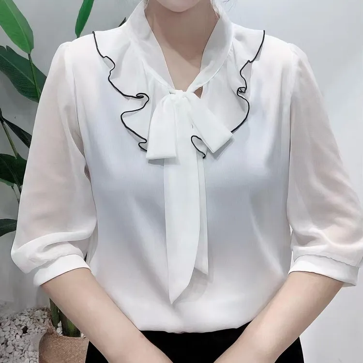 2025夏季新款中袖女士薄款衬衫法式蝴蝶结飘带设计感百搭显瘦衬衣