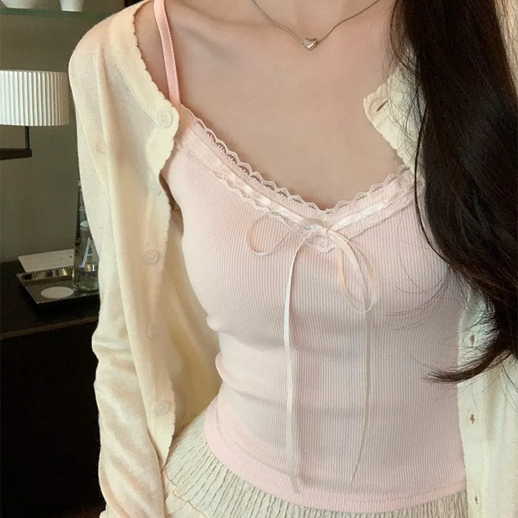 纯欲蕾丝花边背心甜美打底辣妹蝴蝶结胸垫修身吊带设计感无袖上衣