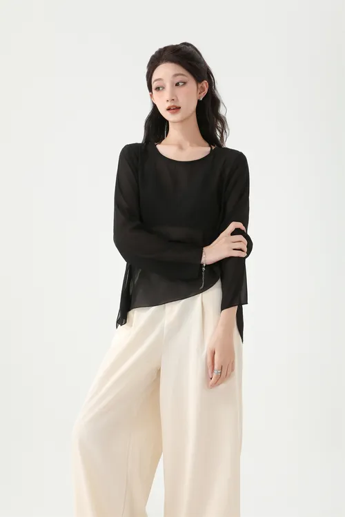 2025百搭洋气设计感后背镂空盘扣罩衫衣女圆领宽松不规则上衣短款