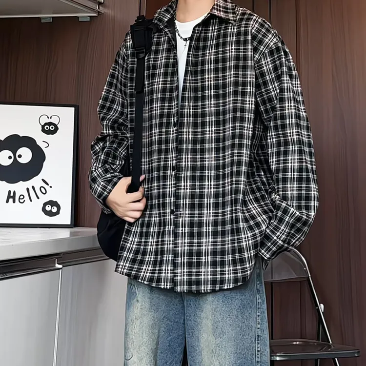 秋装新款格子衬衫男士格纹衬衣外套休闲潮流大码宽松港味百搭上衣