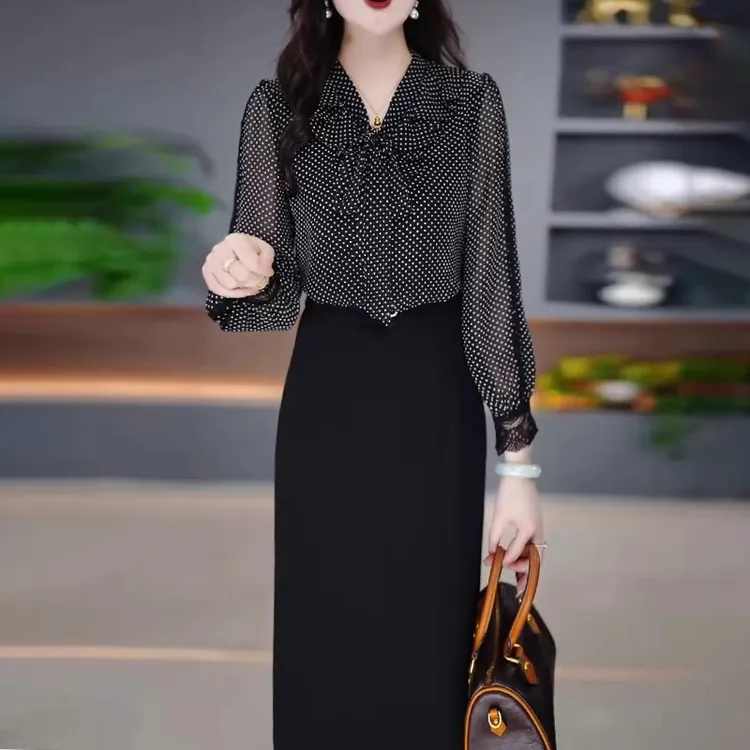 妈妈装夏季波点连衣裙女2025新款洋气减龄假两件大码显瘦遮肚裙子