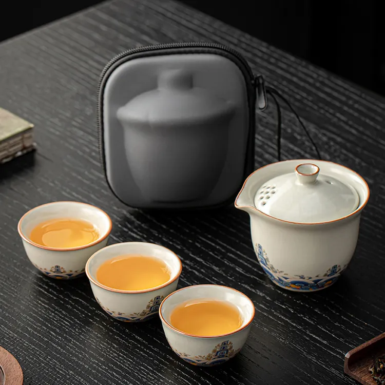 黄汝窑金丝海浪手抓壶便携式旅行茶具户外家用功夫茶茶壶茶杯套装