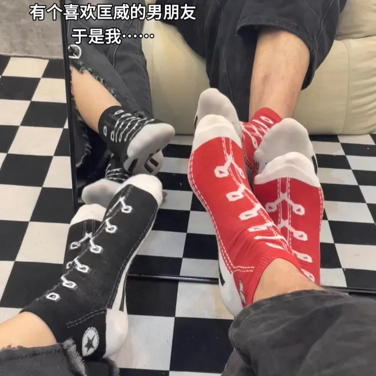 帆布鞋袜子情侣抽象短袜男夏薄款中筒袜搞笑印花袜恶搞图案短筒袜