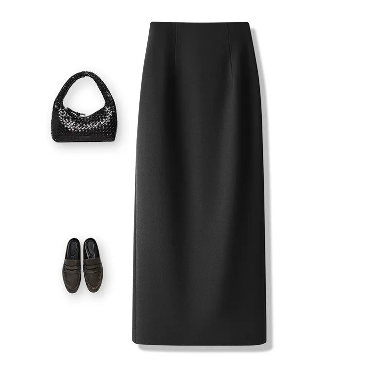 毛呢高腰半身裙女2025秋冬新款黑色女裙修身显瘦直筒一步裙中长款