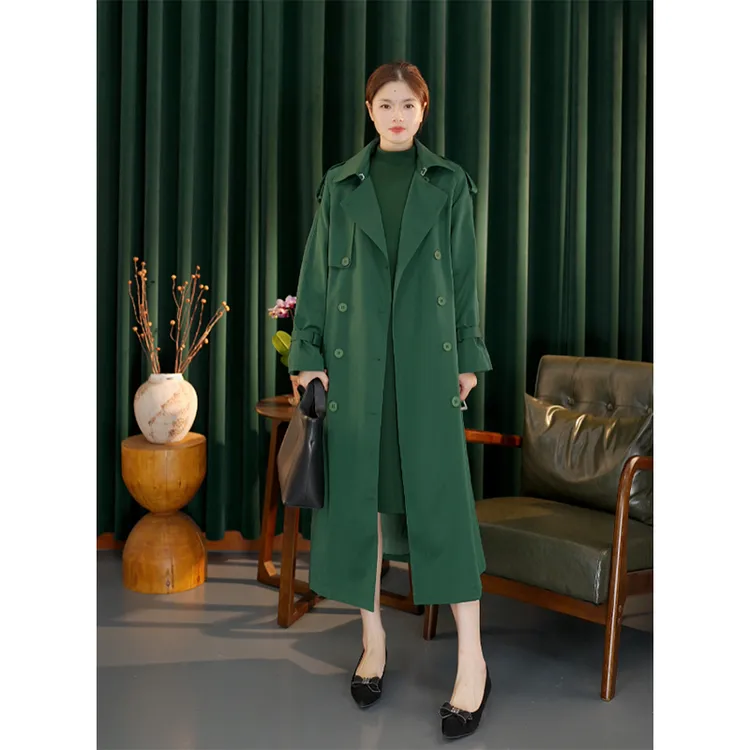 {橙衣纤服}秋冬双排扣英伦风系带翻领长款气质复古风衣TC9015