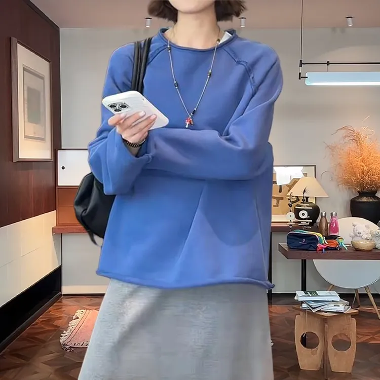 韩系休闲宽松慵懒风插肩圆领长袖t恤女秋季可单穿纯色打底衫上衣