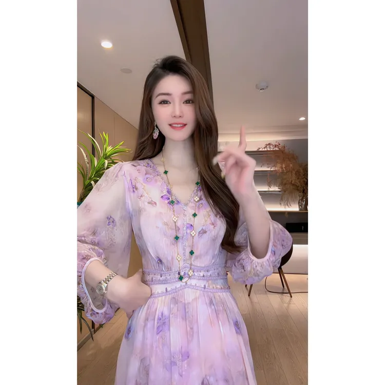 【深圳米熙儿】夏季桑蚕丝钉珠收腰女装连衣裙6016