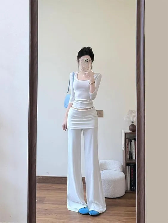 韩系时尚套装女夏季高级感修身中袖u领上衣高腰阔腿休闲裤两件套