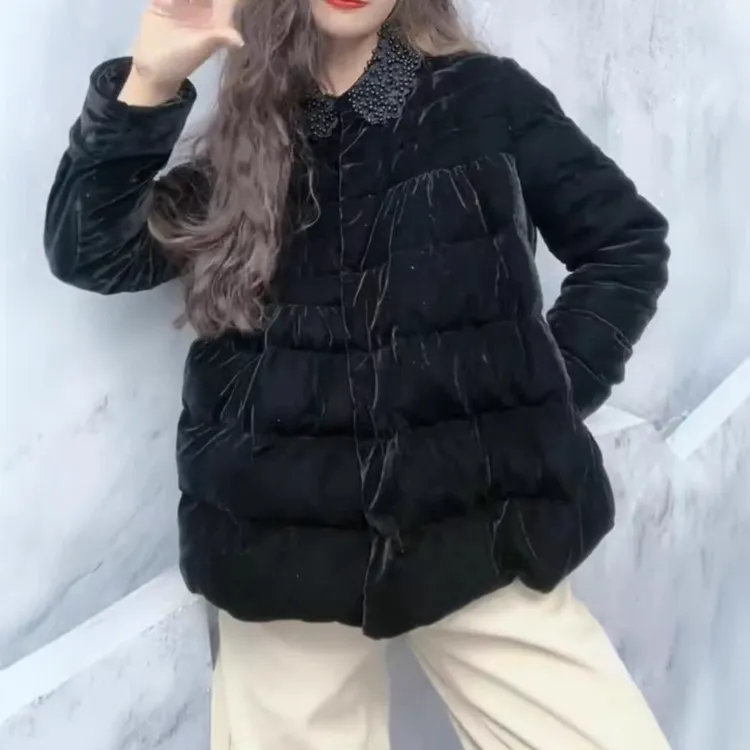 高级感时尚小香风黑色金丝绒夹棉外套女2025秋冬新款加厚保暖上衣