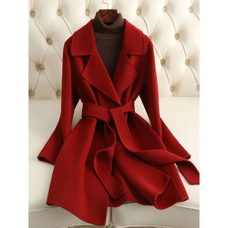 2025秋冬新款小个子双面羊绒大衣红色女中长款修身毛呢外套小香风