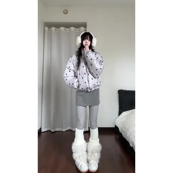 巨好看的星星短款棉服女2025冬季加厚保暖夹棉袄外套裙子裤袜套装