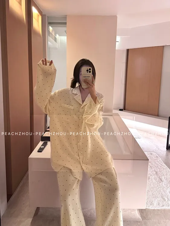 『PEACHZHOU』繁星双层婴儿棉宽松翻领长袖松紧腰长裤睡衣家居套装