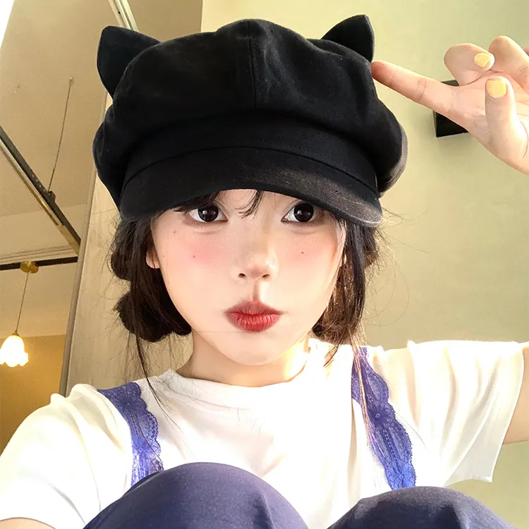 可爱猫耳朵贝雷帽女日系百搭显脸小八角帽复古大头围黑色画家帽子