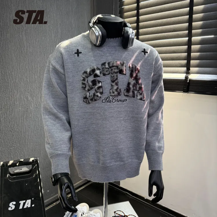 STA圆领毛衣豹纹针织绣秋冬慵懒男女同款潮牌针织衫潮牌上衣