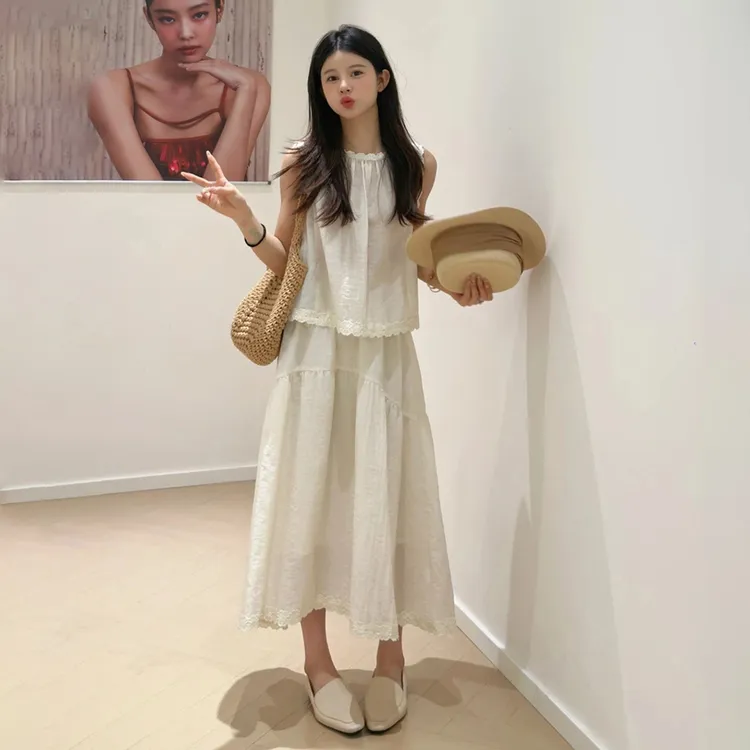 白色无袖连衣裙子女夏季2025新款夏天穿搭配一整套装小个子5550