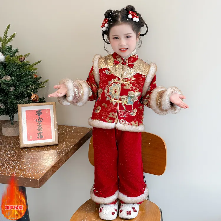 女童中国风加厚汉服套装冬季女孩刺绣拜年服儿童新中式古风唐装