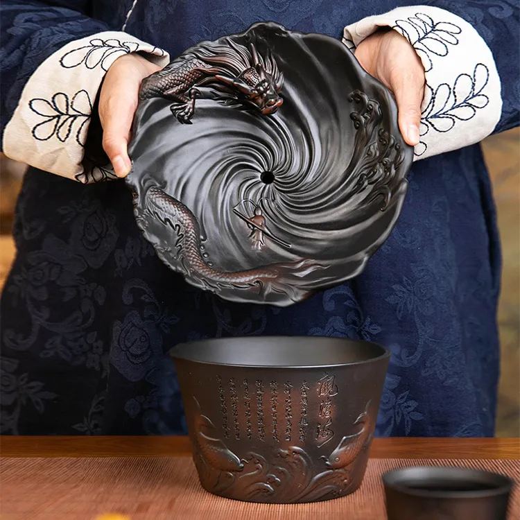 云南紫陶观沧海茶渣缸带盖茶道配件建水大容量废水桶复古中式杯洗