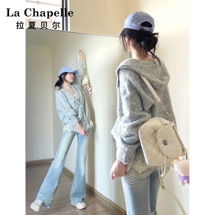 拉夏贝尔加绒加厚微喇牛仔裤女2025年秋冬新款高腰显瘦弹力马蹄裤