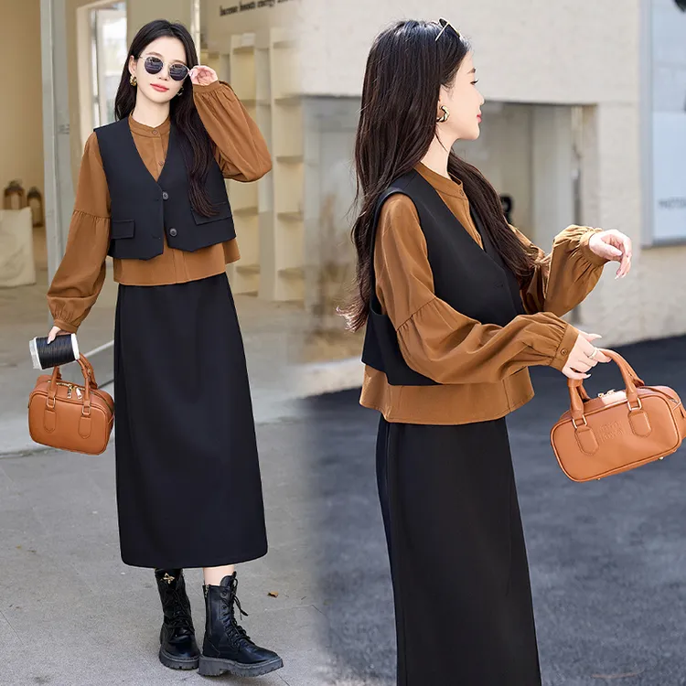 韩系气质马甲衬衫套装女2025春秋新款高级感洋气时髦半身裙三件套