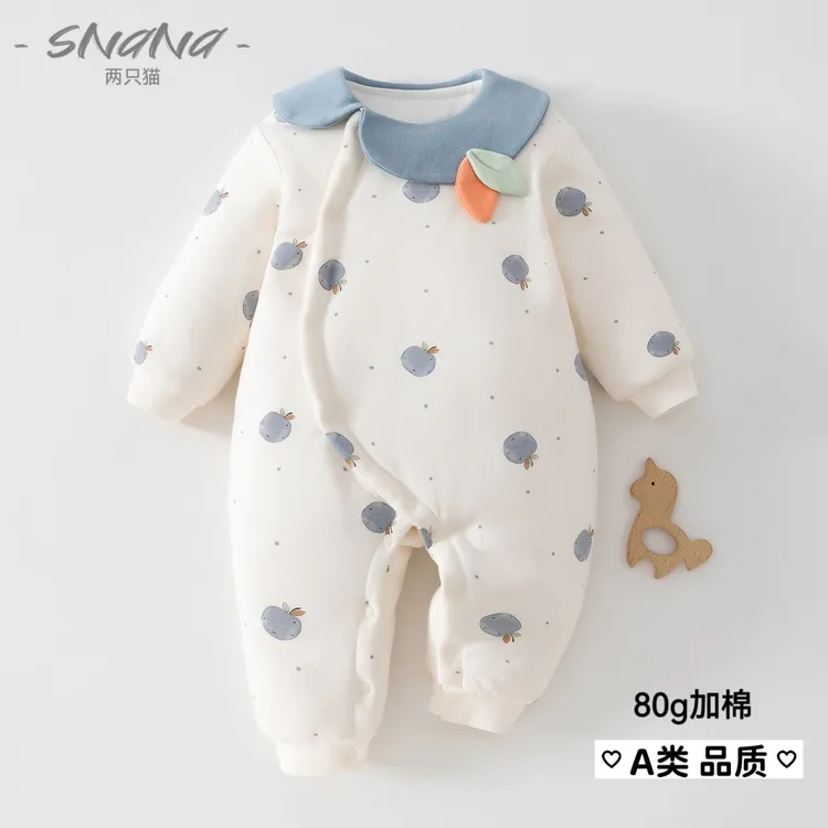 100%纯棉婴儿新生儿秋冬季夹棉连体衣女宝男宝宝宝棉服80克外出服
