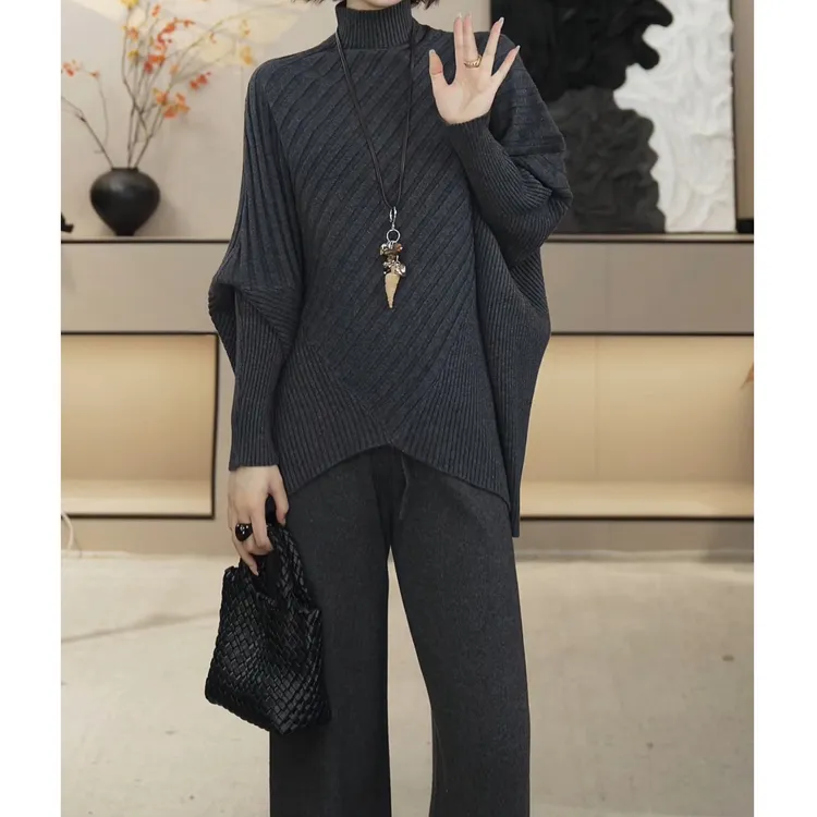 【方老板专属】小众不规则半高领针织衫上衣裤腿休闲裤时尚套装HBZXW918284-1