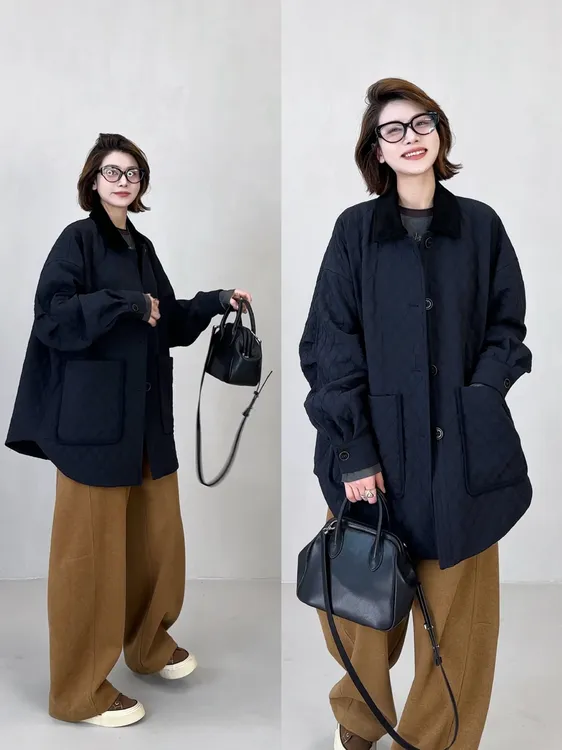 YYOUHAN 2025秋冬中长款撞色日系棉服百搭菱格棉服外套 2509C6196
