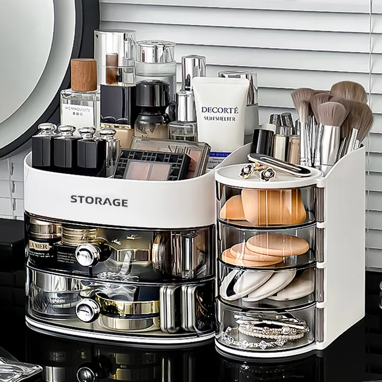 化妆品收纳盒桌面大容量梳妆台护肤品置物架高级感口红化妆刷子桶