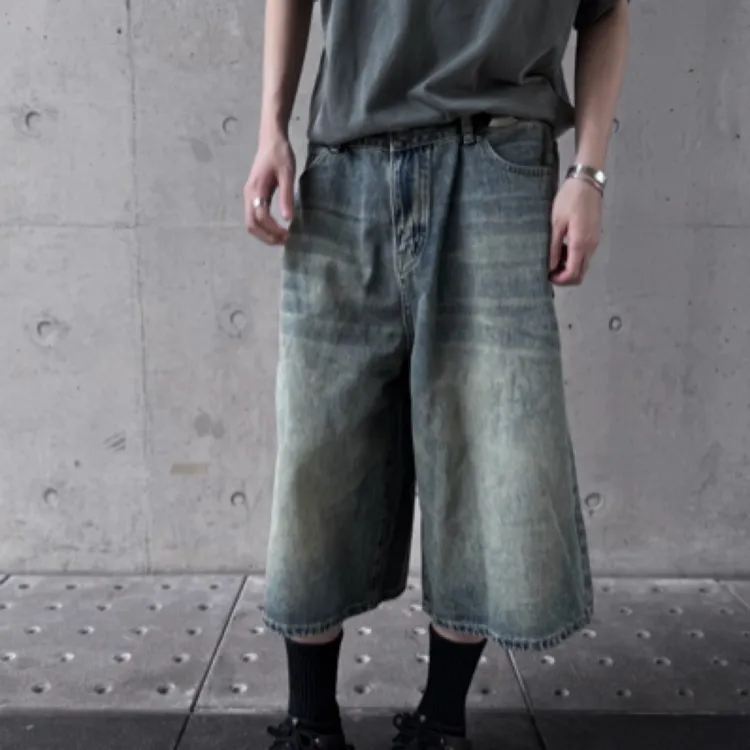 ASMR SATISFY(U) 竹节纹理复古水洗做旧吊染七分牛仔短裤