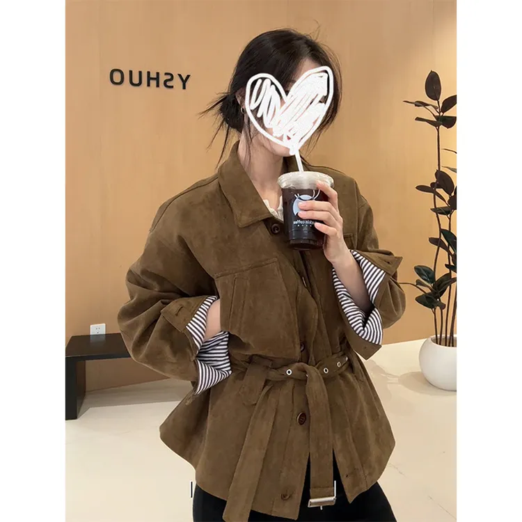 韩系复古格纹拼接系带收腰外套女秋冬新款复古质感夹克巨好看上衣