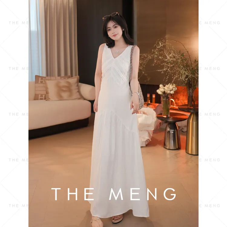 THE MENG【少女】精纺亚麻修身显瘦V领无袖连衣裙#M252G0196