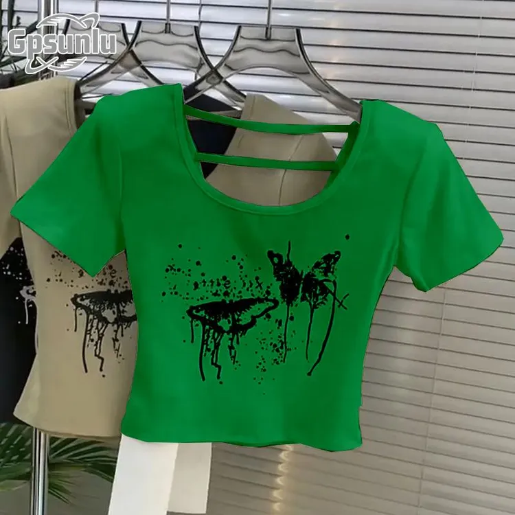 gpsunlu性感镂空露背甜辣短款上衣女夏新款设计感小众正肩时尚