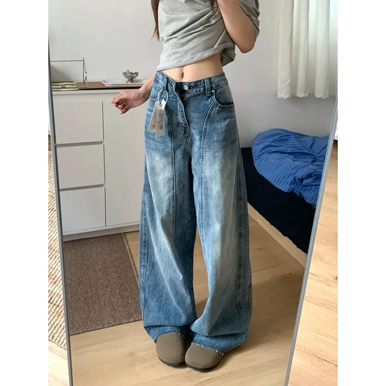 斜切拼接弯刀牛仔裤男秋季美式复古设计感裤子水洗做旧毛边阔腿裤