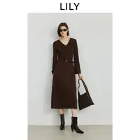 LILY2025秋天丝混纺休闲通勤薄款连衣裙125339C7956