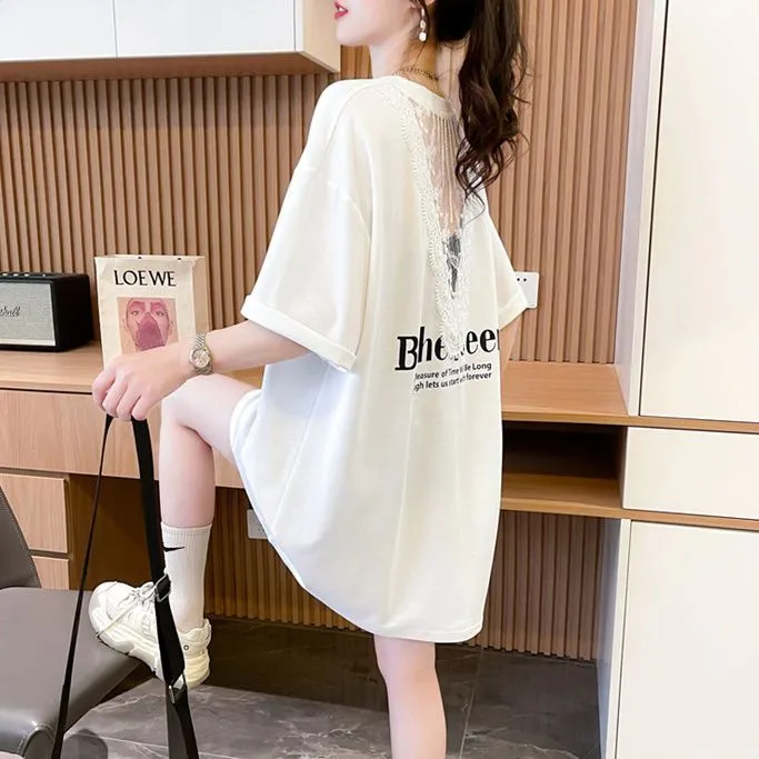 今年流行蕾丝后背镂空洋气T恤女夏季中长款纯棉短袖韩版宽松上衣