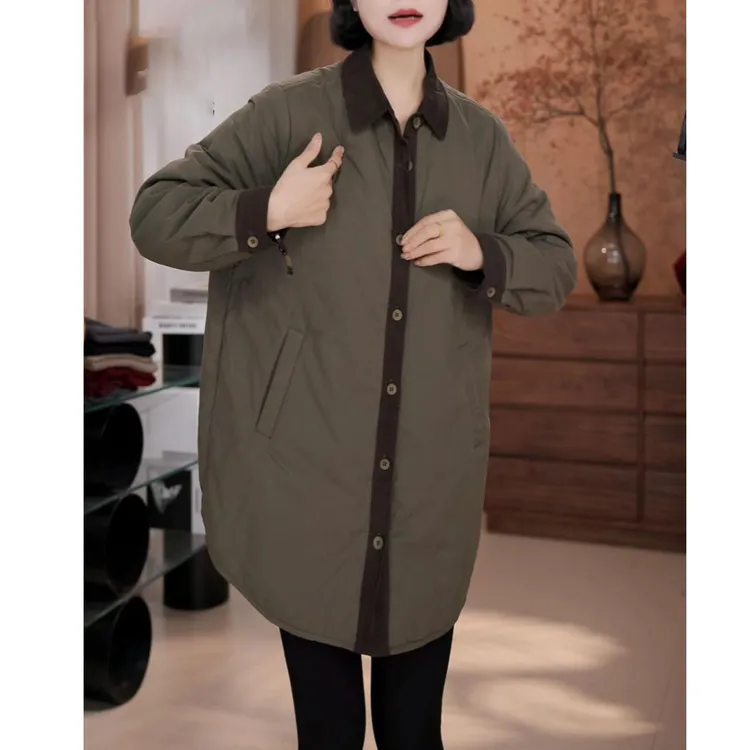 洋气中长款保暖夹棉休闲棉衣2025冬季新款时尚简约POLO领棉服外套