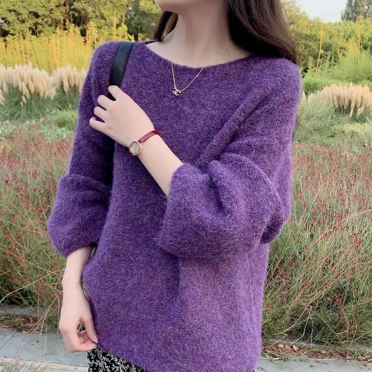 2025新款软糯复古圆领套头秋冬毛衣女高级感宽松慵懒针织衫外穿潮