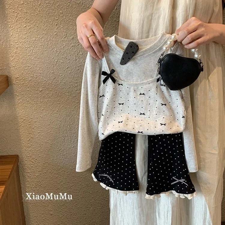 女童T恤2025春季中小童时髦波点喇叭裤套装宝宝蝴蝶结假两件上衣T
