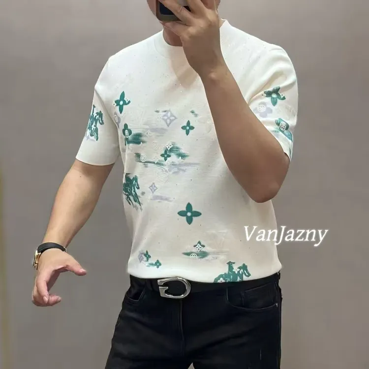 【VanJazny】新款高端男士时尚满花圆领针织短袖T恤9903