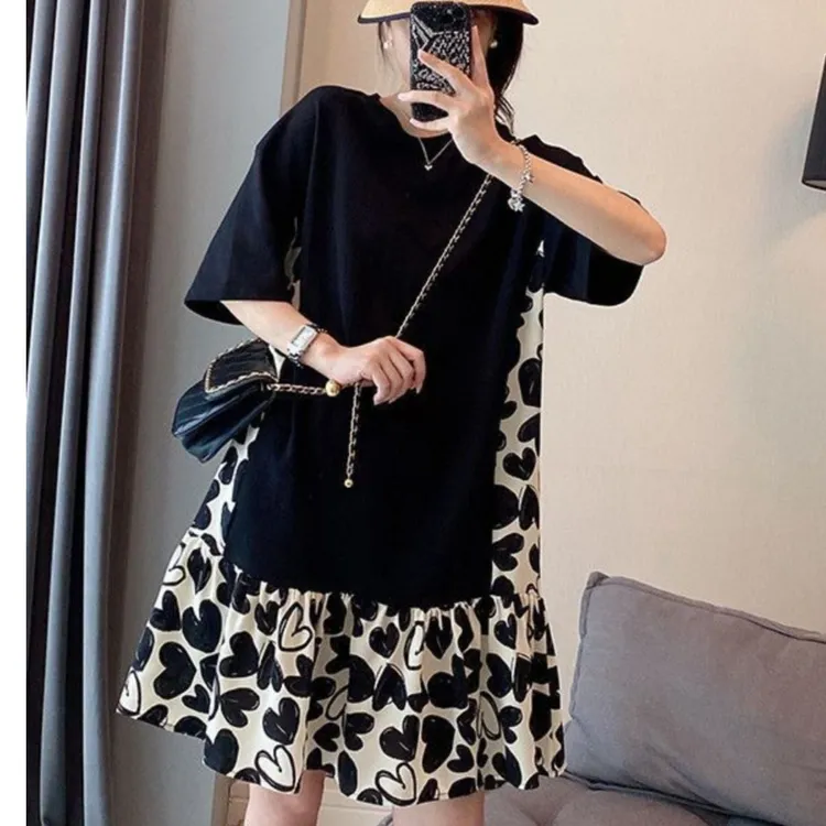 大码女装连衣裙夏季大码爱心连衣裙夏季新款韩版款式碎花连衣裙子