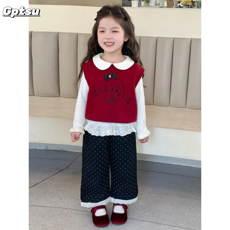 GPTSu女童套装春秋季2025款小童洋气时髦儿童宝宝针织马甲三件套