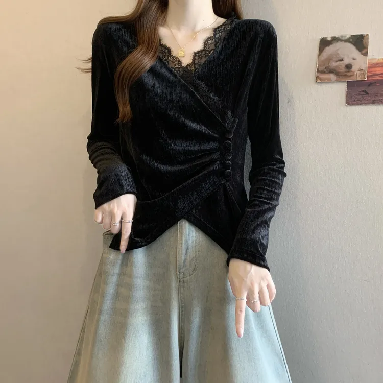 高级感蕾丝拼接金丝绒上衣新款2025秋冬大码女装胖MM修身长袖衬衣